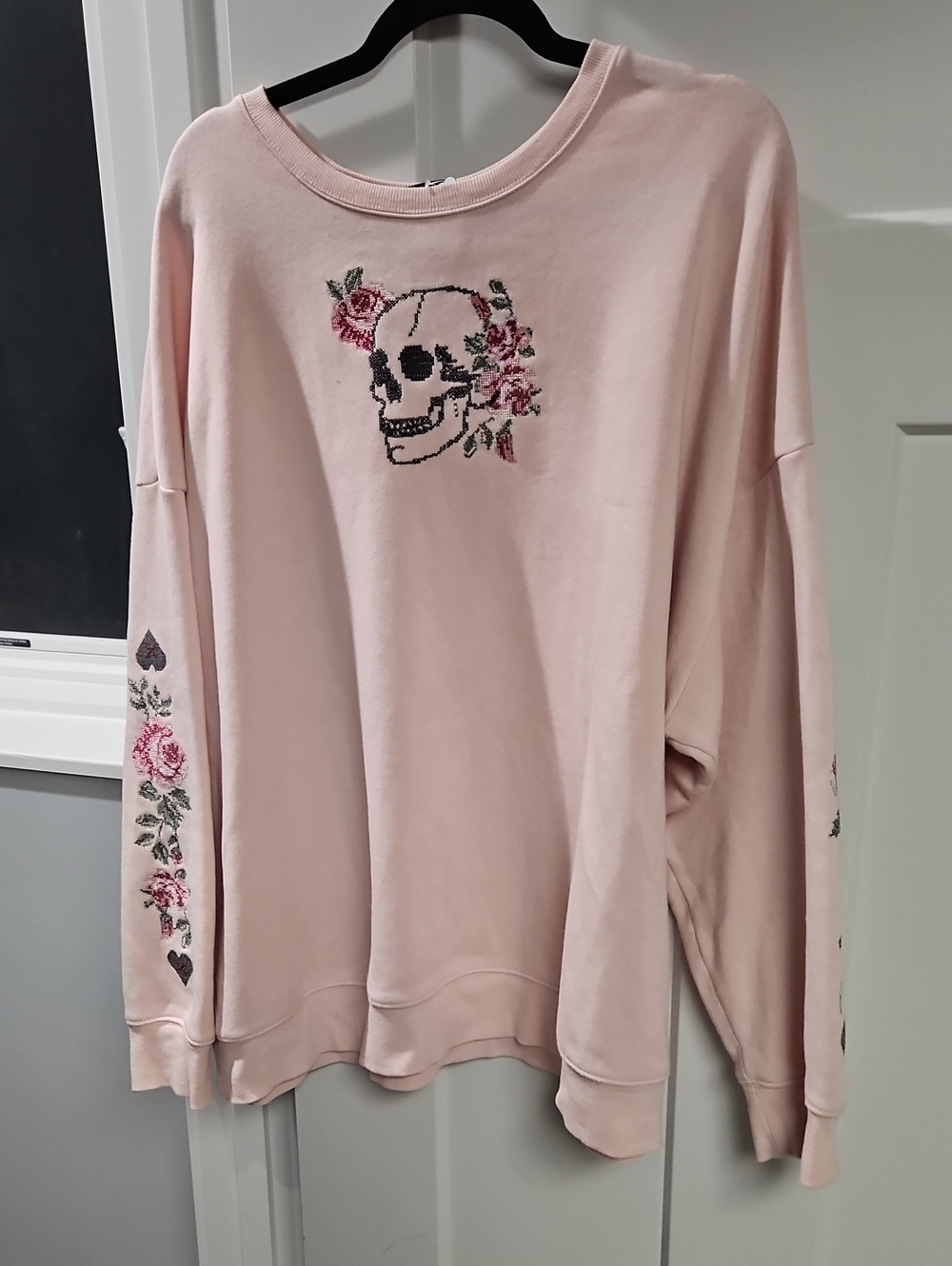 torrid Pale Pink Skull & Rose Embroidered Crewneck Sweater